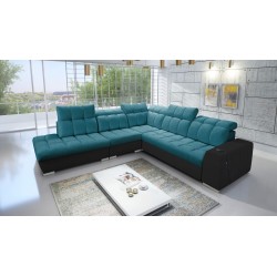 Prisma IX Corner Sofa with sleeping function, USB port, and bedding storage - Velvet | Pet friendly, Terra 75 + Black Eco-leathe