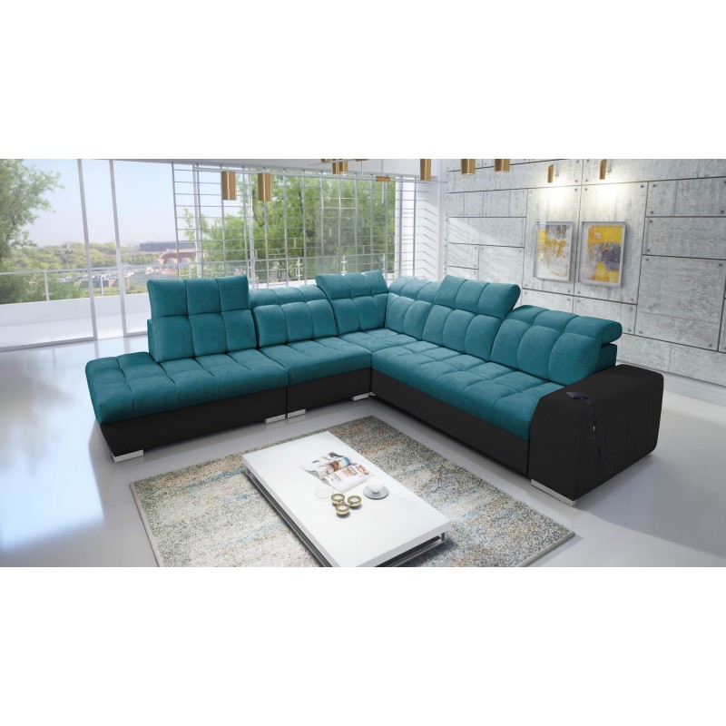 Ecksofa Prisma IX mit Schlaffunktion, USB-Anschluss und Bettkasten - Samt | Haustierfreundlich, Terra 75 + Schwarzes Ökoleder