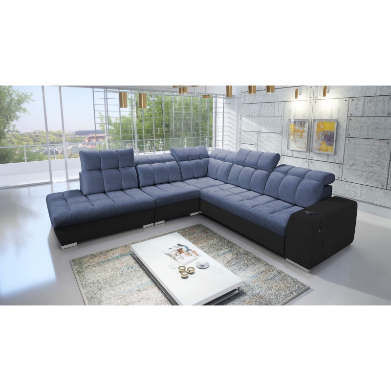 Prisma IX Ecksofa mit Schlaffunktion, USB-Anschluss und Bettkasten - Velvet | Haustierfreundlich, Terra 76 + Schwarzes Kunstlede