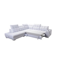 Prisma IX corner sofa with sleeping function, USB port, and bedding storage - Velvet | Pet friendly, Terra 92 + Black Eco-leathe