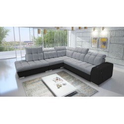 Prisma IX corner sofa with sleeping function, USB port, and bedding storage - Velvet | Pet friendly, Terra 92 + Black Eco-leathe
