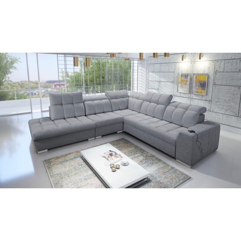 Prisma IX corner sofa with sleeping function, USB port, and bedding storage - Velvet | Pet friendly, Terra 92