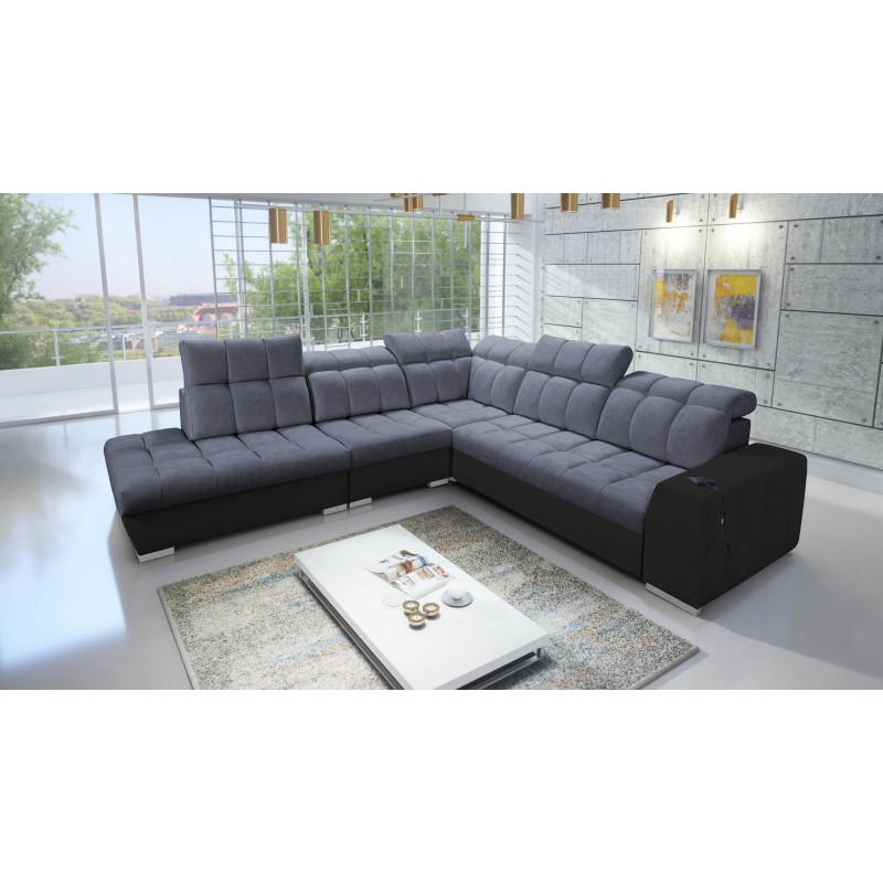 Prisma IX corner sofa with a sleeping function, USB port, and storage for bedding - Velvet | Pet friendly, Terra 96 + Black Eco-