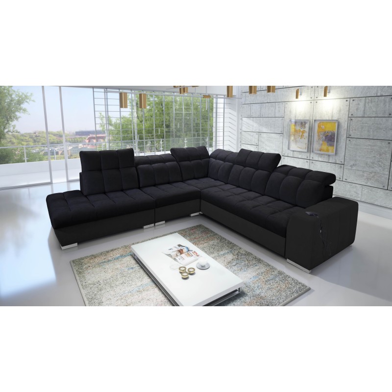 Prisma IX Ecksofa mit Schlaffunktion, USB-Anschluss und Bettkasten - Velvet | Haustierfreundlich, Terra 99 + Schwarzes Kunstlede