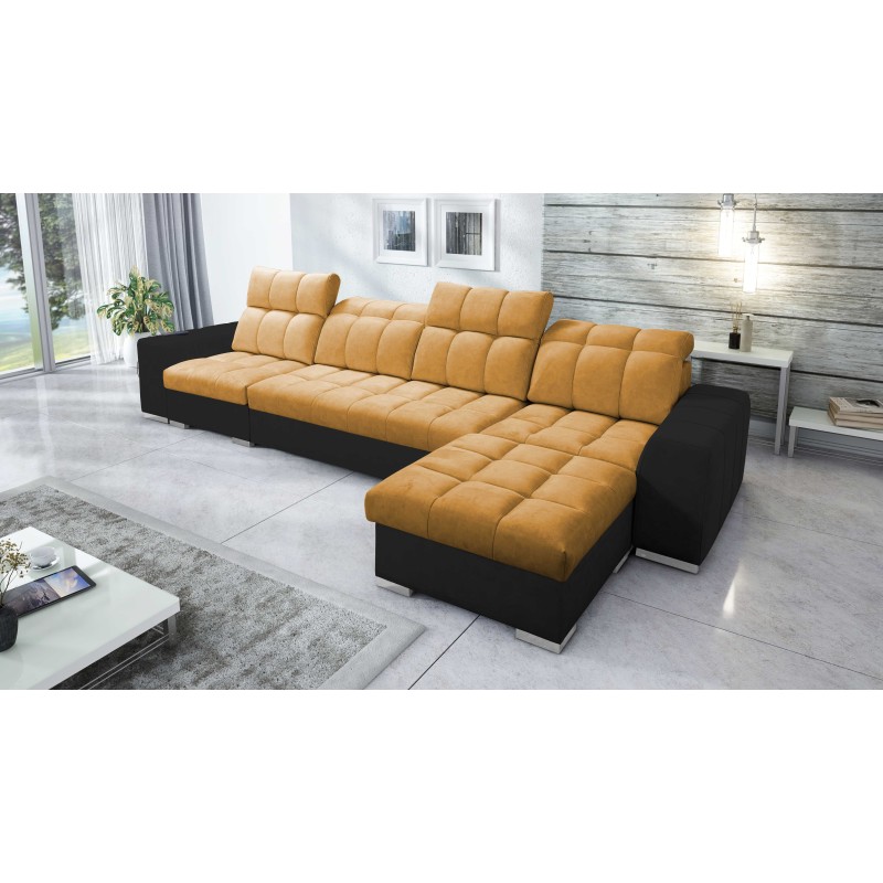 Prisma XII Ecksofa mit Schlaffunktion | Luxuriöses Möbelstück mit USB-Anschluss | Samt | Haustierfreundlich, Terra 48 + Schwarze