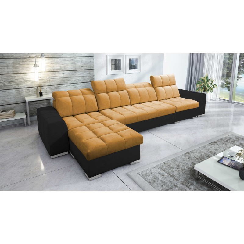 Prisma XII Ecksofa mit Schlaffunktion | Luxuriöses Möbelstück mit USB-Anschluss | Samt | Haustierfreundlich, Terra 48 + Schwarze