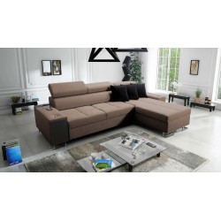 Sofá esquinero Orbix I Maxi con función de dormir, puerto USB y contenedor para ropa de cama.