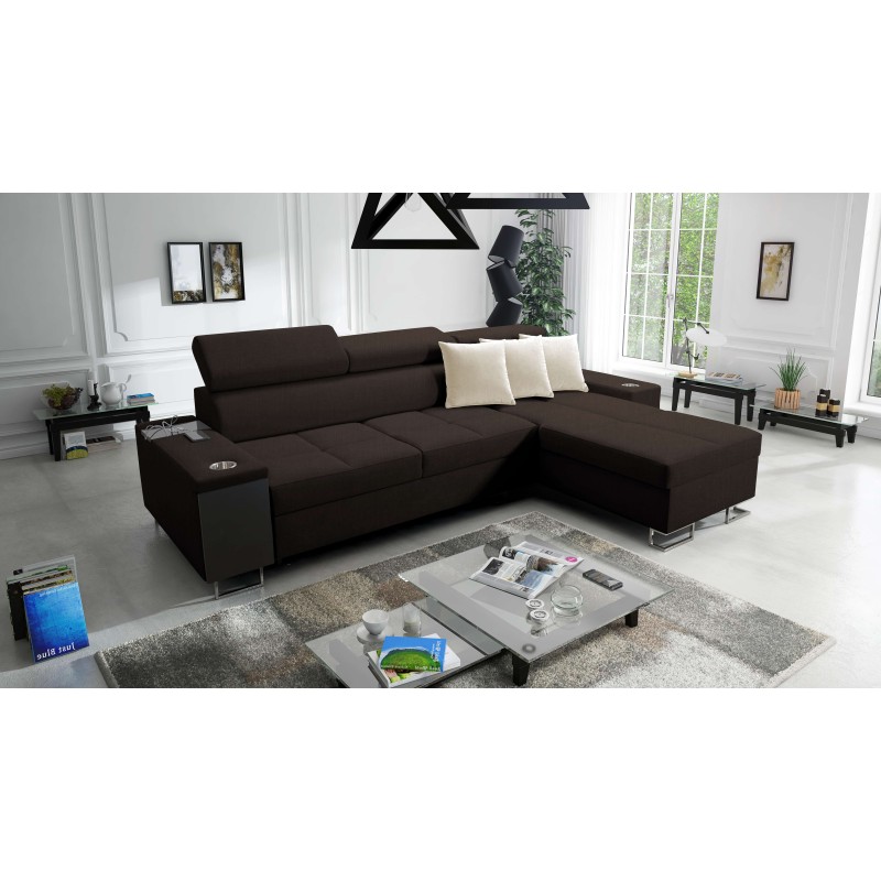 Sofá esquinero Orbix I Maxi con función de dormir, puerto USB y contenedor para ropa de cama.