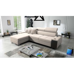 Sofá esquinero Orbix I Maxi con función de dormir, puerto USB y contenedor para ropa de cama.