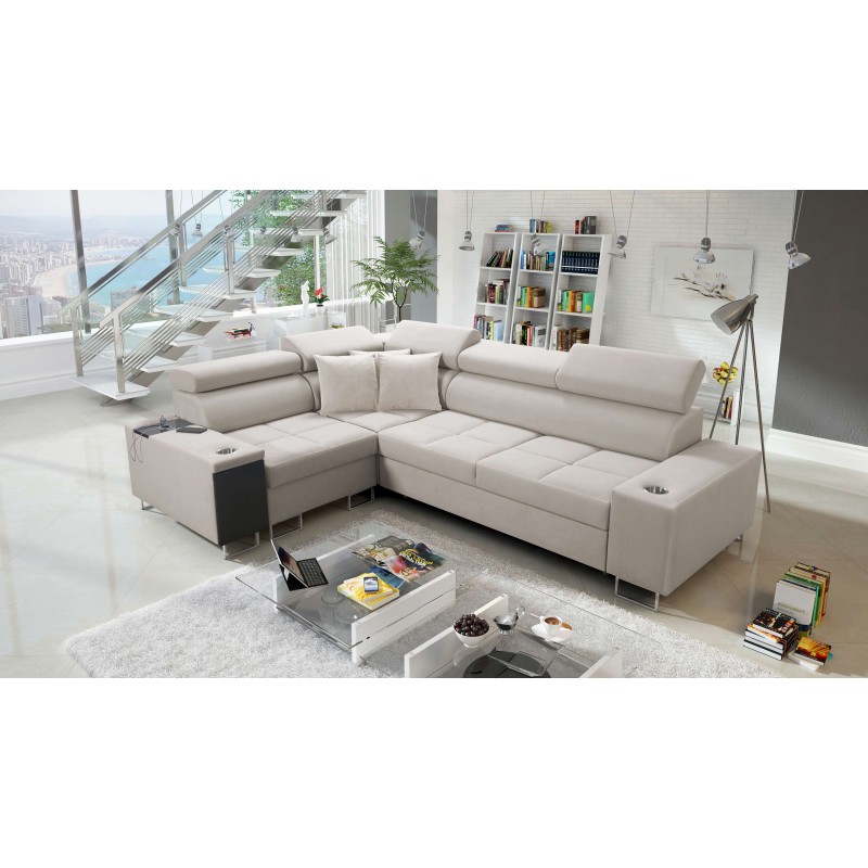 Sofá esquinero Orbix II con función para dormir, reposacabezas ajustables y puerto USB - Velvet, Ultario Velvet 2979