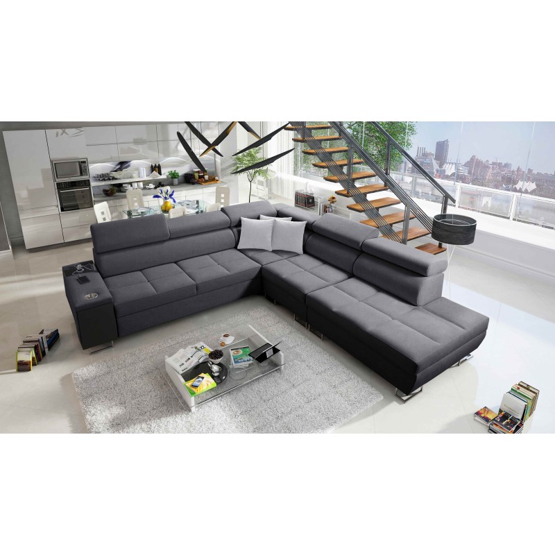 Sofá esquinero Orbix IX con función de cama, reposacabezas ajustables, puerto USB - Tejido, Sawana 96