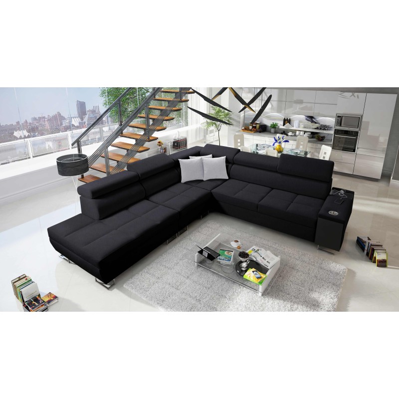 Sofá esquinero Orbix IX con función de cama, reposacabezas ajustables, puerto USB - Tejido, Sawana 14