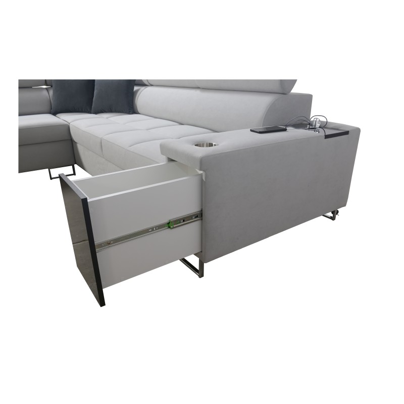 Ecksofa Orbix IX mit Schlaffunktion, verstellbaren Kopfstützen, USB-Anschluss - Gewebe, Sawana 26