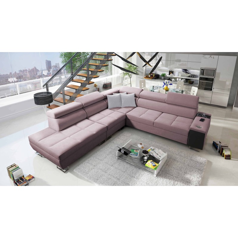 Sofá esquinero Orbix IX con función de cama, reposacabezas ajustables, puerto USB - Tejido, Sawana 61