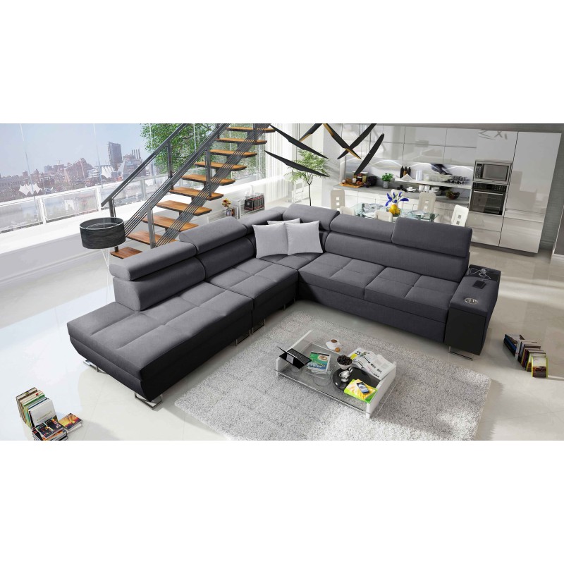 Orbix IX Corner Sofa with Sleeping Function, Adjustable Headrests, USB Port - Plecionka, Sawana 96