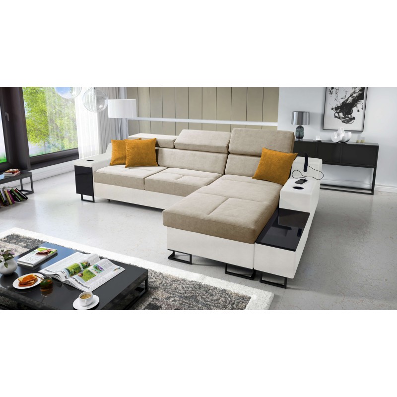 Ecksofa Avanti I Mini mit Schlaffunktion und Lampe mit USB-Anschluss, Stoff Whisper 3 + Kunstleder