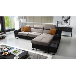 Ecksofa Avanti I mini mit Schlaffunktion und Lampe mit USB-Anschluss Stoff Whisper 5 + schwarzes Ökoleder