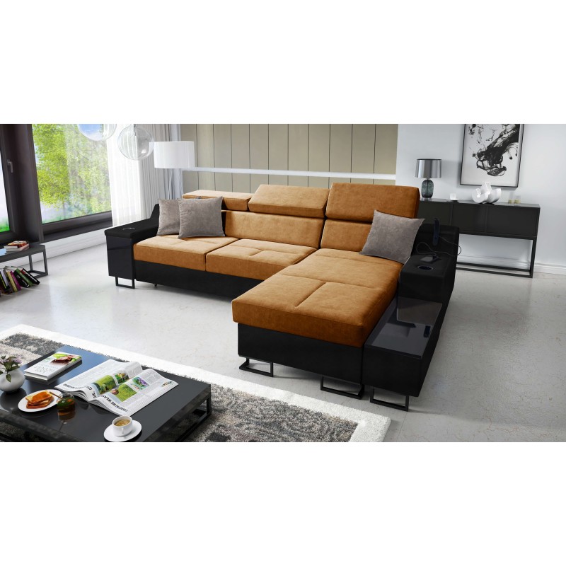 Avanti I mini corner sofa with sleeping function and a lamp with a USB port, Whisper 9 fabric + black eco-leather