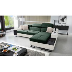 Sofá esquinero Avanti I mini con función de cama y lámpara con puerto USB, tela Whisper 11 + Ecopiel