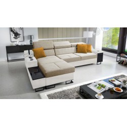 Avanti I mini corner sofa with a sleeping function and a lamp with a USB port, fabric Whisper 3 + Eco-leather