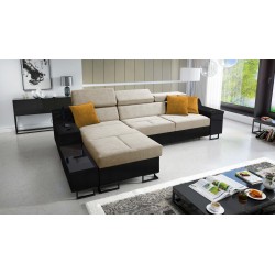 Ecksofa Avanti I mini mit Schlaffunktion und Lampe mit USB-Anschluss, Stoff Whisper 3 + schwarzes Kunstleder
