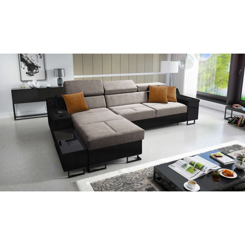 Avanti I mini corner sofa with a sleeping function and a lamp with a USB port, fabric Whisper 5 + black eco-leather