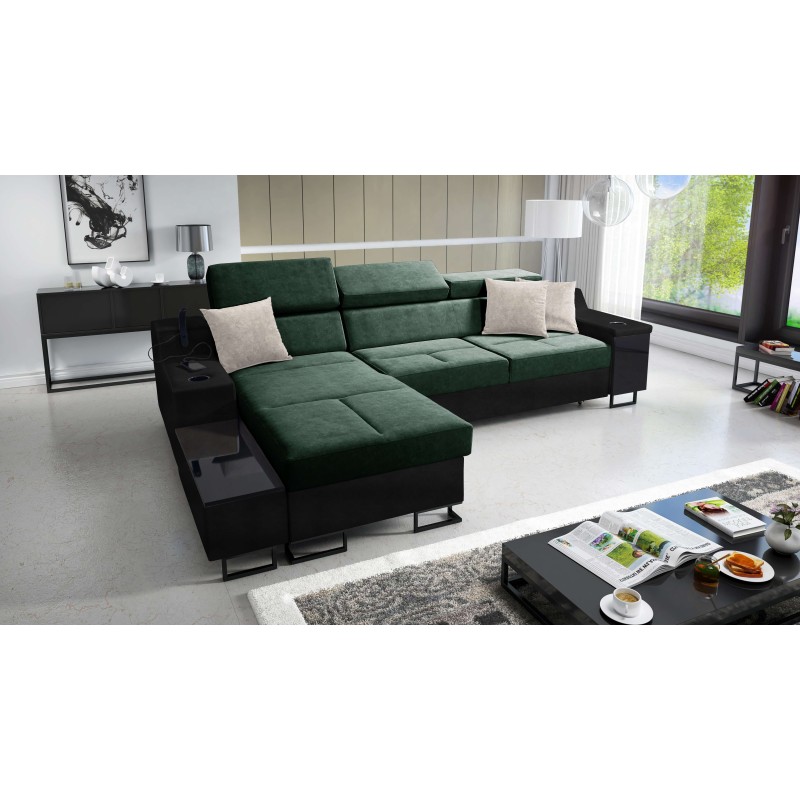 Sofá esquinero Avanti I mini con función de cama y lámpara con puerto USB, tela Whisper 11 + ecopiel negra.