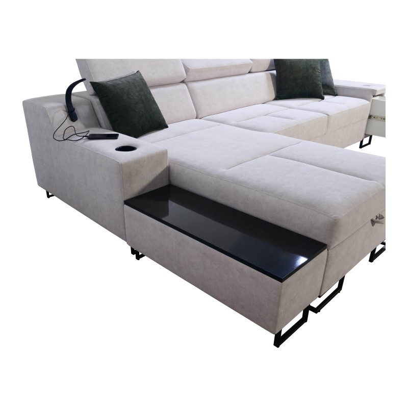 Avanti I mini corner sofa with a sleeping function and a lamp with a USB port, Whisper 11 fabric + black eco-leather