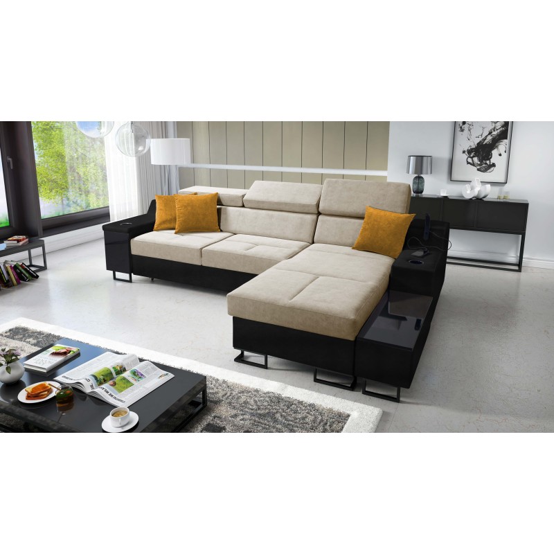Avanti I maxi corner sofa with sleeping function and lamp with USB port, Whisper 3 fabric + black eco-leather