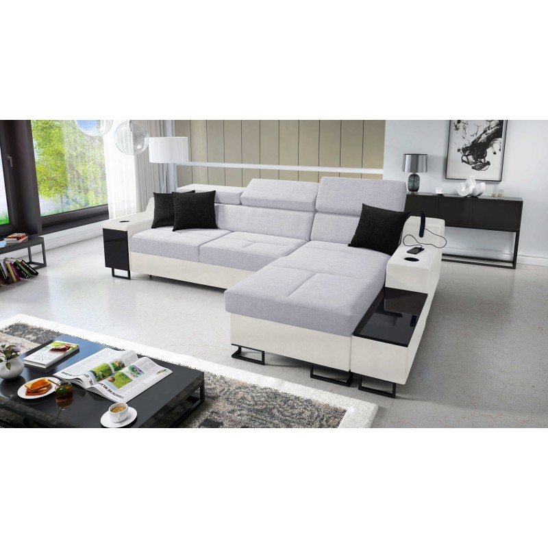 Avanti I Maxi corner sofa with a sleeping function and a lamp with a USB port, fabric Sawana 84 + Eco-leather