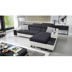 Sofá esquinero Avanti I maxi con función de cama y lámpara con puerto USB en tela Sawana 96 + Eco-cuero