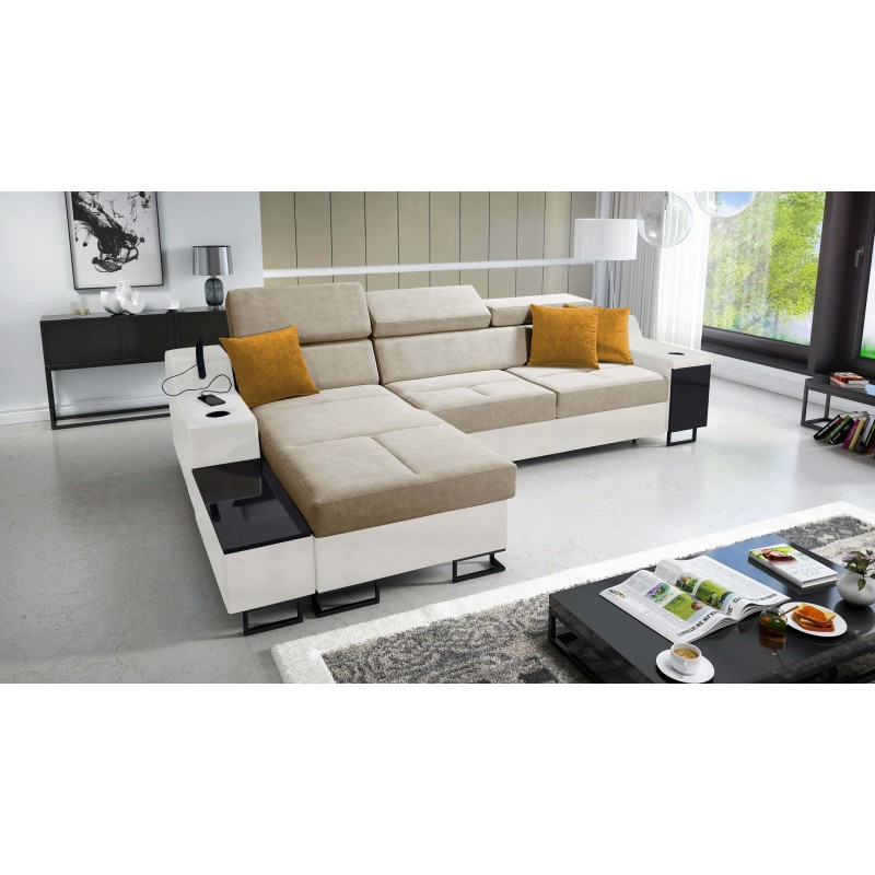 Avanti I Maxi corner sofa with a sleeping function and a lamp with a USB port, Whisper 3 fabric + Eco-leather