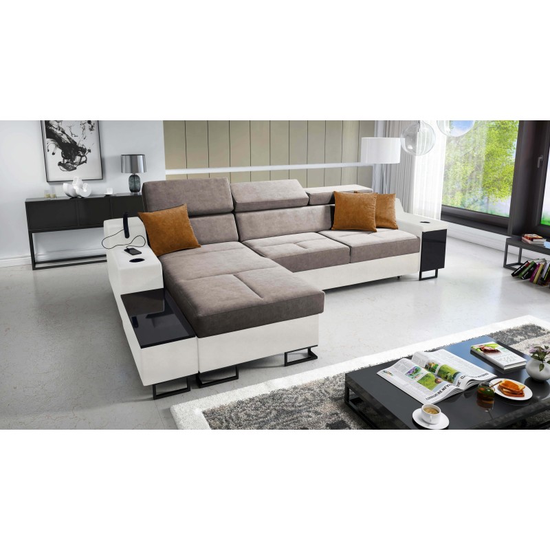 Avanti I maxi corner sofa with a sleeping function and a lamp with a USB port, fabric Whisper 5 + Eco-leather