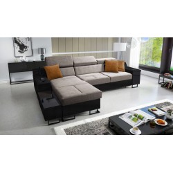 Sofá esquinero Avanti I maxi con función de cama y lámpara con puerto USB tela Whisper 5 + Eco-cuero negro.