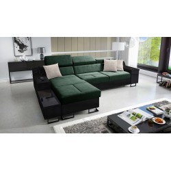 Avanti I maxi corner sofa with sleeping function and lamp with USB port, Whisper 11 fabric + black eco-leather