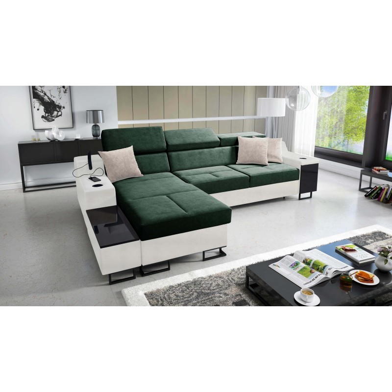 Ecksofa Avanti I Maxi mit Schlaffunktion und Lampe mit USB-Anschluss, Stoff Whisper 11 + Ökoleder