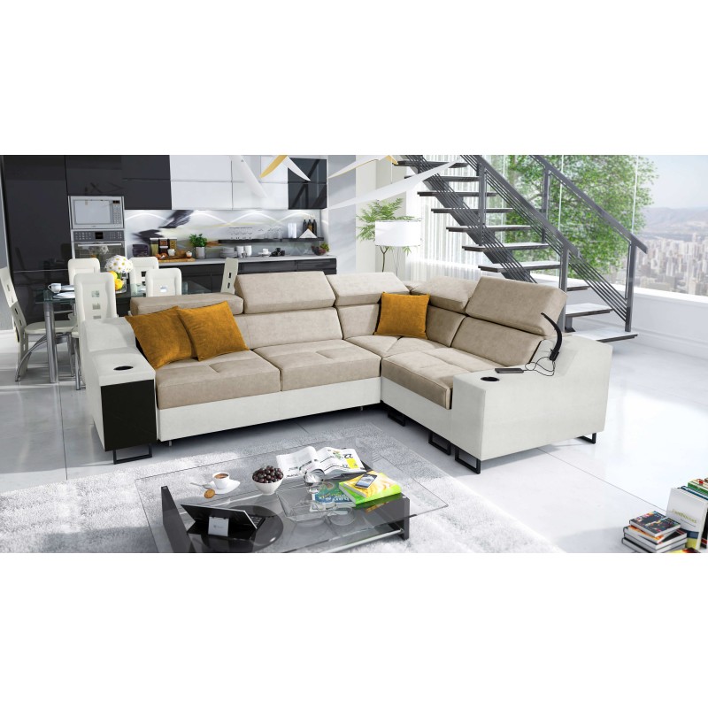 Avanti II corner sofa with a sleeping function and a lamp with a USB port, fabric Whisper 3 + Eco-leather