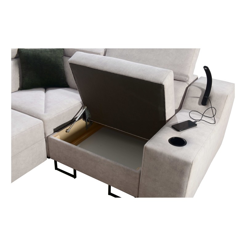 Sofá esquinero Avanti II con función de cama y lámpara con puerto USB, tela Whisper 3