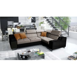 Ecksofa Avanti II mit Schlaffunktion und Lampe mit USB-Anschluss, Stoff Whisper 5 + schwarze Kunstleder.
