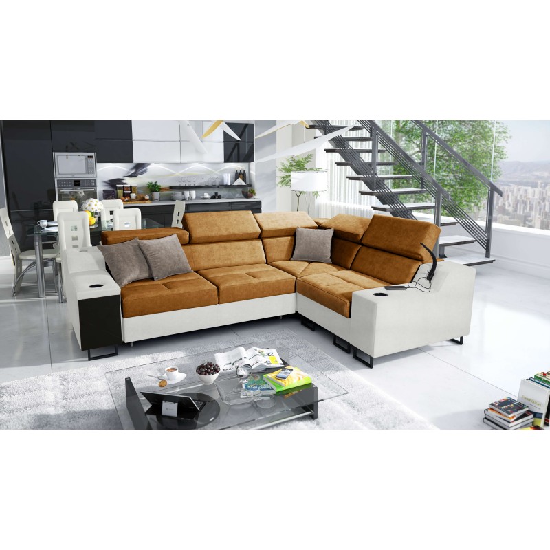 Avanti II corner sofa with a sleeping function and a lamp with a USB port, Whisper 9 fabric + Eco-leather