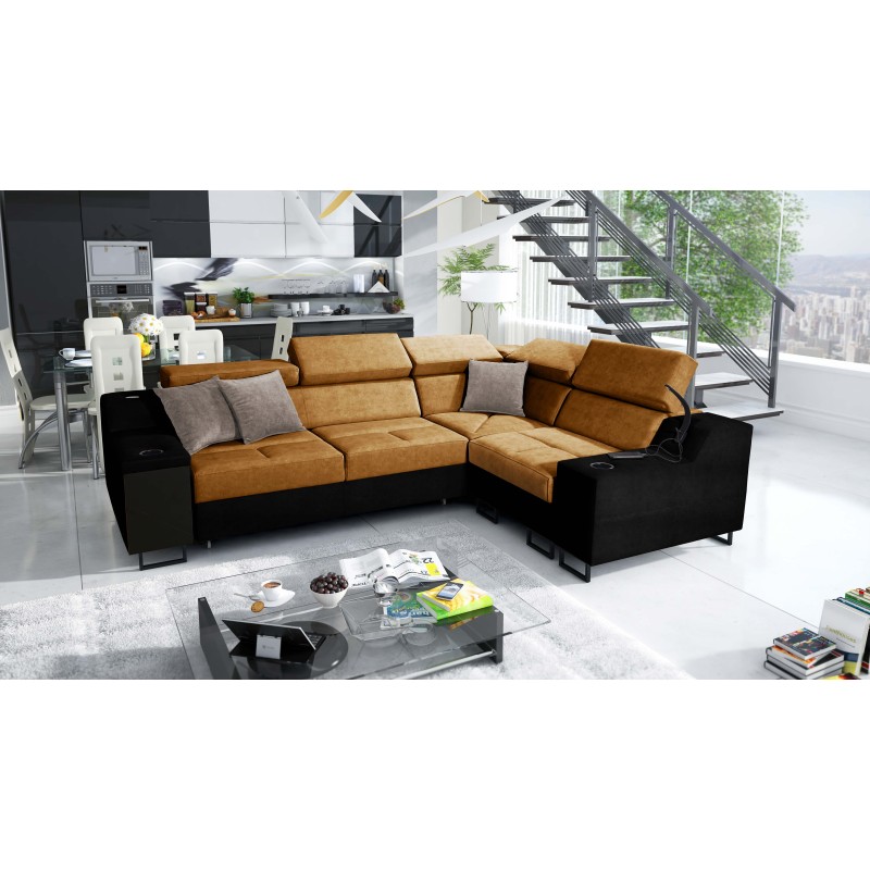 Avanti II corner sofa with a sleeping function and a lamp with a USB port, Whisper 9 fabric + black eco-leather