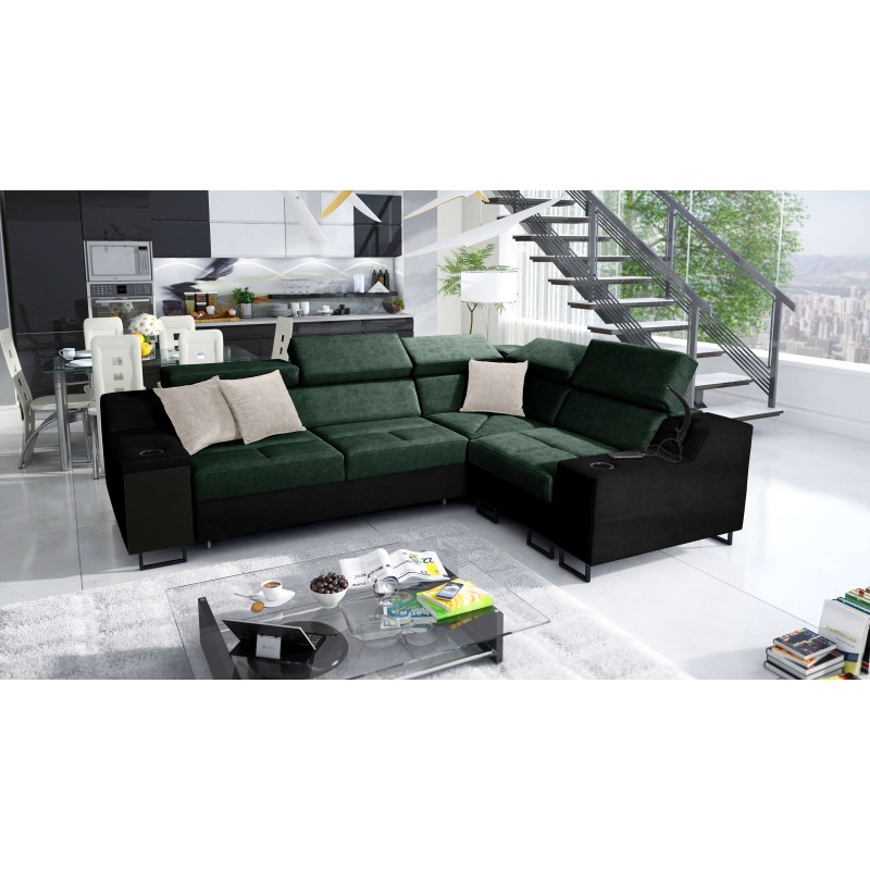 Avanti II Ecksofa mit Schlaffunktion und Lampe mit USB-Anschluss, Stoff Whisper 11 + schwarzes Ökoleder