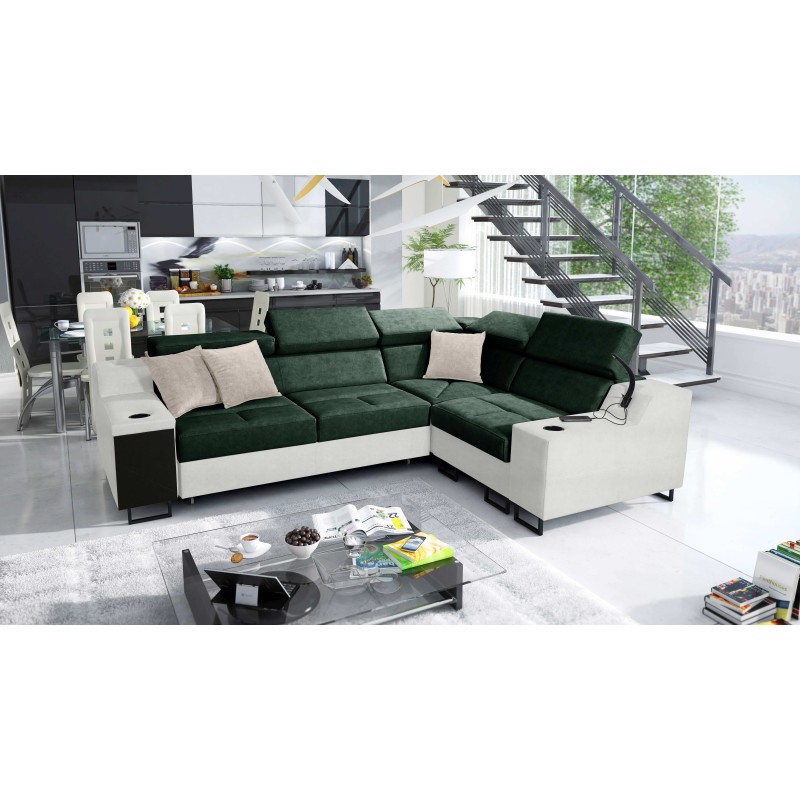 Ecksofa Avanti II mit Schlaffunktion und Lampe mit USB-Anschluss, Stoff Whisper 11 + Kunstleder