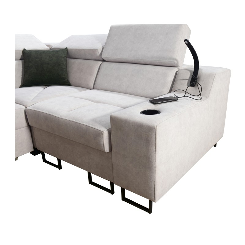 Avanti II corner sofa with a sleeping function and a lamp with a USB port, fabric Whisper 11 + Eco-leather