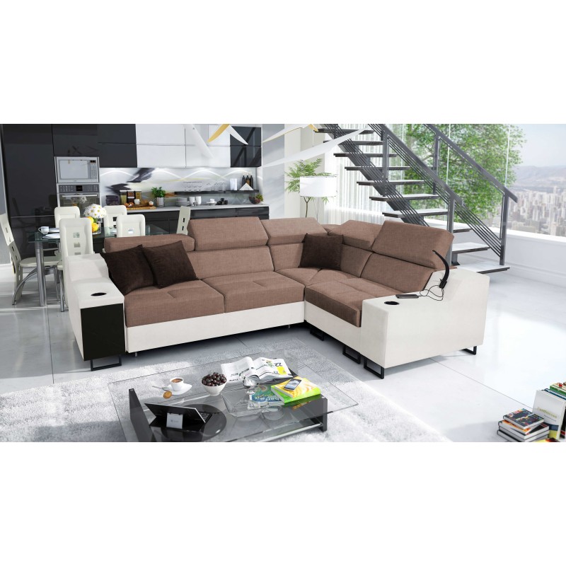 Avanti II corner sofa with sleeping function and lamp with USB port, fabric Sawana 84 + Eco-leather