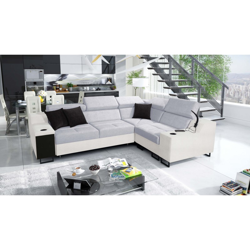 Ecksofa Avanti II mit Schlaffunktion und Lampe mit USB-Anschluss, Stoff Sawana 96 + Kunstleder