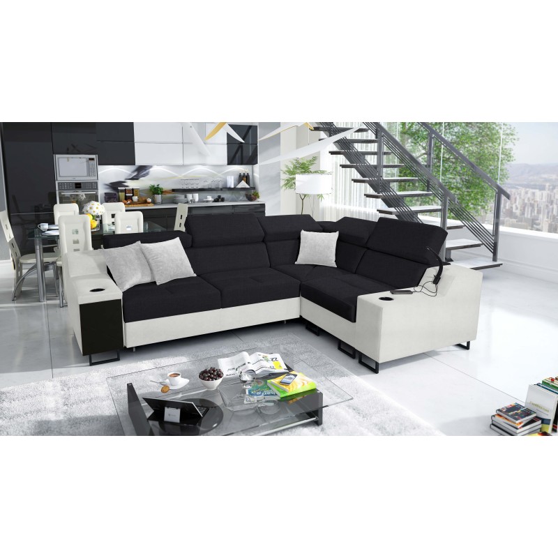 Avanti II corner sofa with a sleeping function and a lamp with a USB port, fabric Sawana 14 + Eco leather