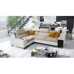 Avanti II corner sofa with a sleeping function and a lamp with a USB port, fabric Whisper 3 + Eco-leather