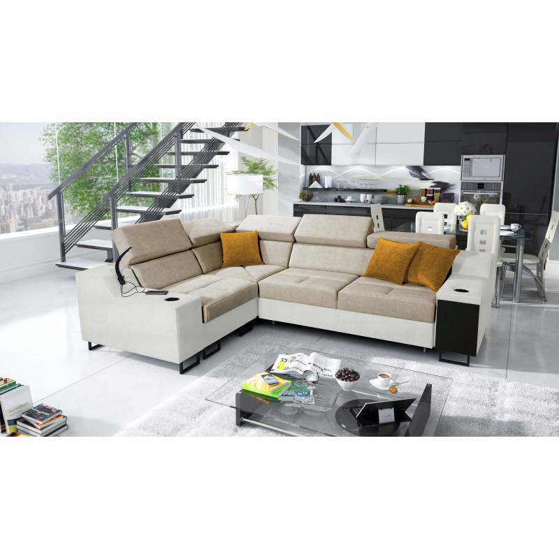 Ecksofa Avanti II mit Schlaffunktion und Lampe mit USB-Anschluss Stoff Whisper 3 + Kunstleder