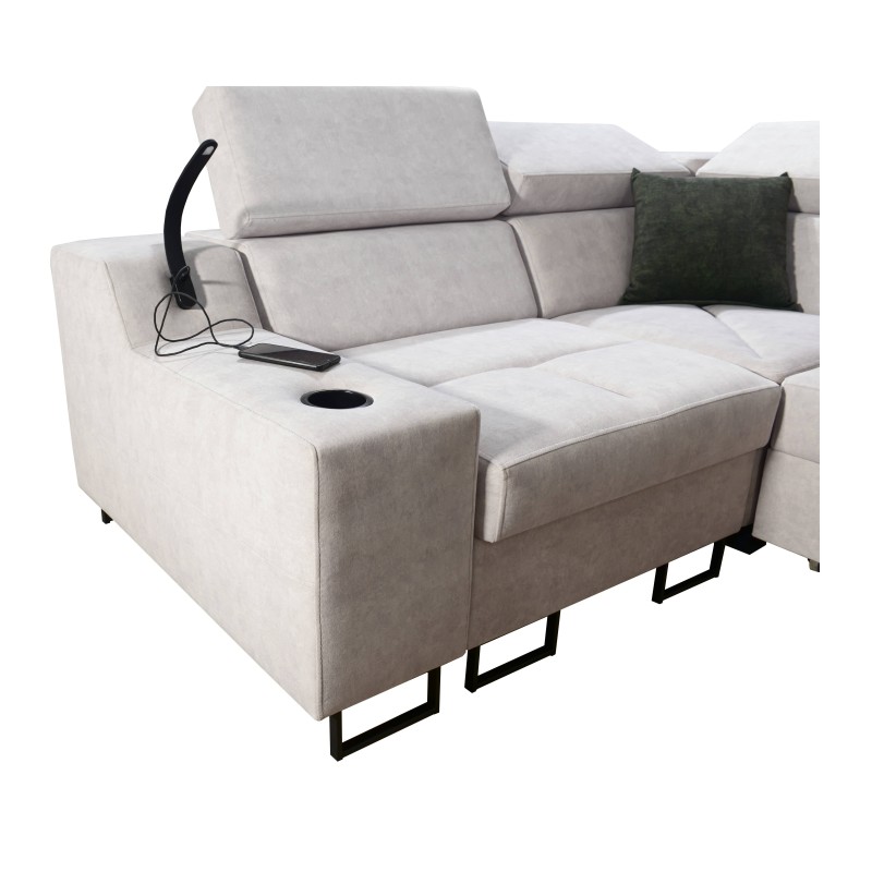 Avanti II corner sofa with a sleeping function and a lamp with a USB port, fabric Whisper 3 + Eco-leather